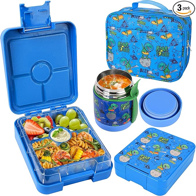 Pawtong Bento Lunch Box Set With 10oz Soup Thermo, Leak-proof Lunch Containers with 4 Compartment, Kids Hot Thermo Food Jar/Insulation Lunch Bag, Food Containers for School（Dinosaur）