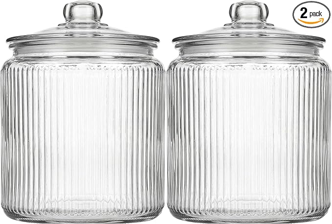 kitchentoolz 1 Gallon Ribbed Glass Cookie Jar - Large Food Storage Container with Airtight Lid - Keep Fresh Flour, Chewy Pet Treats, Candy, Dried Foods - Pack of 2