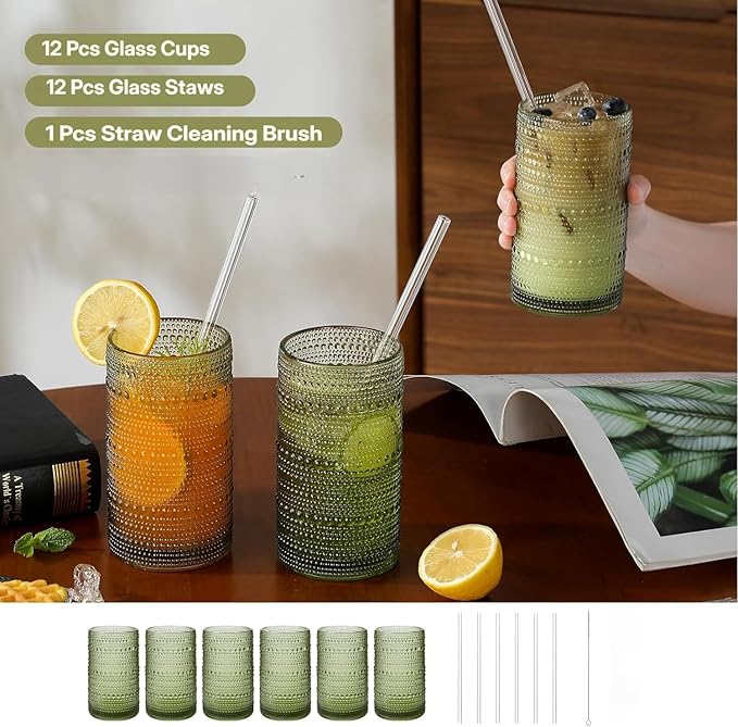16oz Green Hobnail Drinking Glasses with Straws Set of 12, Highball Glasses Cups, Kitchen Water Glasses Cup, for Cocktail, Juice, Whiskey, Milk and Various Mixed Drinks
