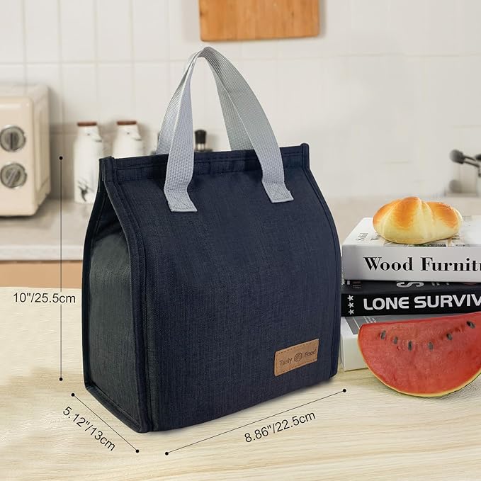 Mziart Minimalist Lunch Bag, Reusable Insulated Lunch Box for Women Men Leakproof Simple Bento Tote Adults Cooler Bag for Work Office Picnic or Travel (Black)