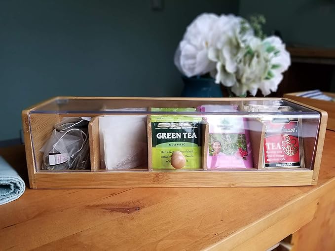 Lipper International 8187 Bamboo Wood and Acrylic Tea Box with 5 Sections, 14" x 5" x 3-3/4"