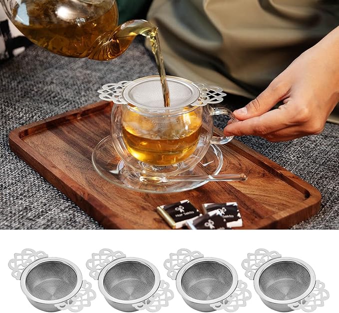 Tea Drain Strainer 304 Stainless Steel Loose Tea Infusers Strainers Mesh Tea Infuser Stainless Steel Loose Leaf Tea Filter with Handles for Loose Tea Juice Coffee Filter(4Pcs)