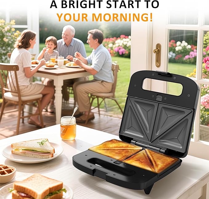 3 in 1 Waffle, Grill & Sandwich Maker, Sandwich Maker Panini Press Waffle Iron Set with Removable Non-Stick Plates & Indicator Lights, Panini Press Grill for Breakfast, 800W, Black