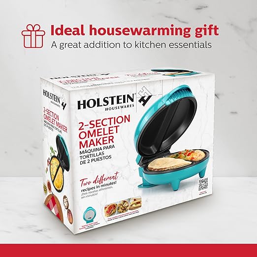 Holstein Housewares Stainless Steel 2 Section Omelet & Frittata Maker, Non Stick Coating, Easy To Clean, Indicator Lights, Compact Storage, Prepare Versatile Recipes in Minutes. 2 Portions, Teal