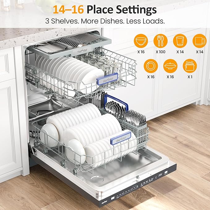24" Built-in Dishwasher, Stainless Steel Dishwasher Machine with Adjustable Racks, 14–16 Place Settings Large Capacity Dish Washer, 8 Wash Programs, Energy Star Certified, Sliver