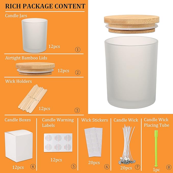 MILIVIXAY 12 Pack 10 OZ Frosted Glass Candle Jars with Lids and Candle Making Kits - Bulk Empty Candle Jars for Making Candles - Spice, Powder Containers.