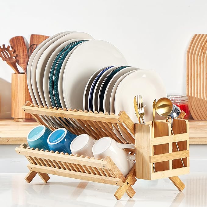 NOVAYEAH Bamboo Dish Drying Rack-2 Tier, Collapsible Small Dish Rack with Utensil Holder, Wooden Drying Rack for Kitchen Counter, Apartment Essentials Kitchen Plate Holder Organization 34 pcs Grid