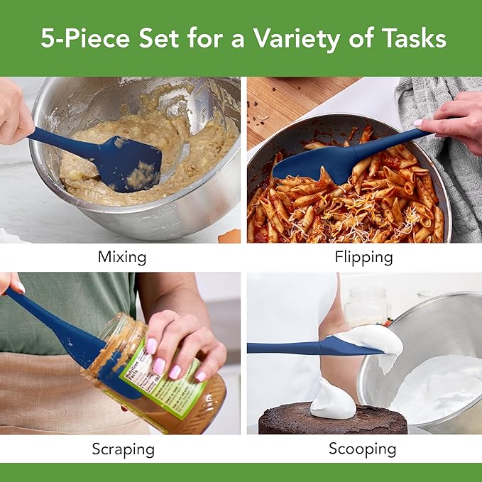 Tovolo Flex Core 5 Piece Silicone Spatula Set Heat Resistant All Silicone Utensils Include Non Stick Spatula Spoonula Jar Scraper, Dishwasher Safe BPA Free Spatulas for Baking Mixing, Deep Indigo