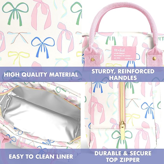 Fit & Fresh Bloomington Lunch Bag for Women - Insulated Large Lunch Box for Work with Containers, Leak-Resistant, Stain-Resistant, Zipper Closure, Pink Dainty Bows