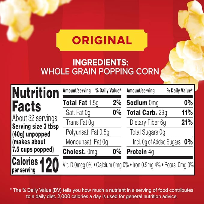 Orville Redenbacher's Popcorn Kernels, Original Yellow, 6g Fiber per serving, 45 oz. (Pack of 6)
