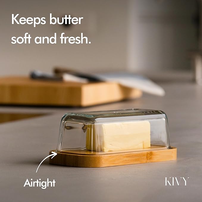 KIVY Butter Dish (Black Marble & Glass) - For countertop and refrigerator door shelf - Marble butter keeper - Stone butter dish with lid - Dishwasher Safe