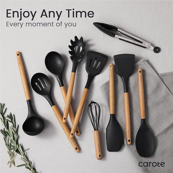 CAROTE Silicone Cooking Utensils Set for Nonstick Cookware, 446°F Heat Resistant Kitchen Utensil Set with Wooden Handle 10pcs, Spatula, Turner, Spoon, Tongs, Whisk