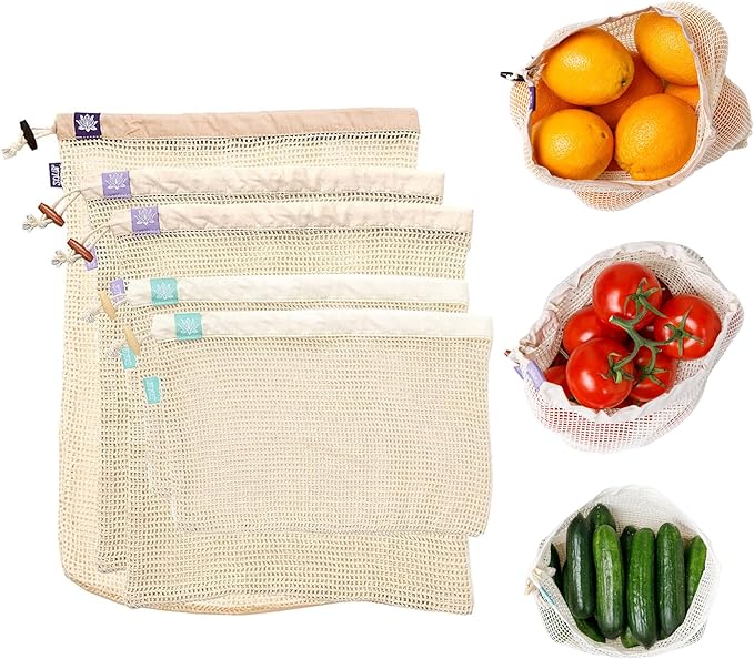 Lotus Reusable Produce Bags - Organic Cotton Washable Produce Mesh Bag for Vegetable Storage, Eco Friendly Reusable Produce Storage Fruit Bag Mesh for Groceries (3 Size Cloth Bags)