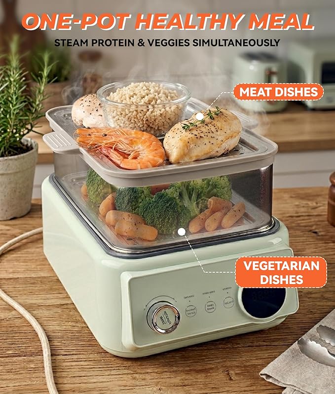 10.6 QT Double-Layer steamer for cooking, 304 Stainless Steel food steamer electric with Timer & Auto Shut-Off, Fast Heating Vegetable Steamer Electric for Veggies, Seafood, Rice,BPA-Free
