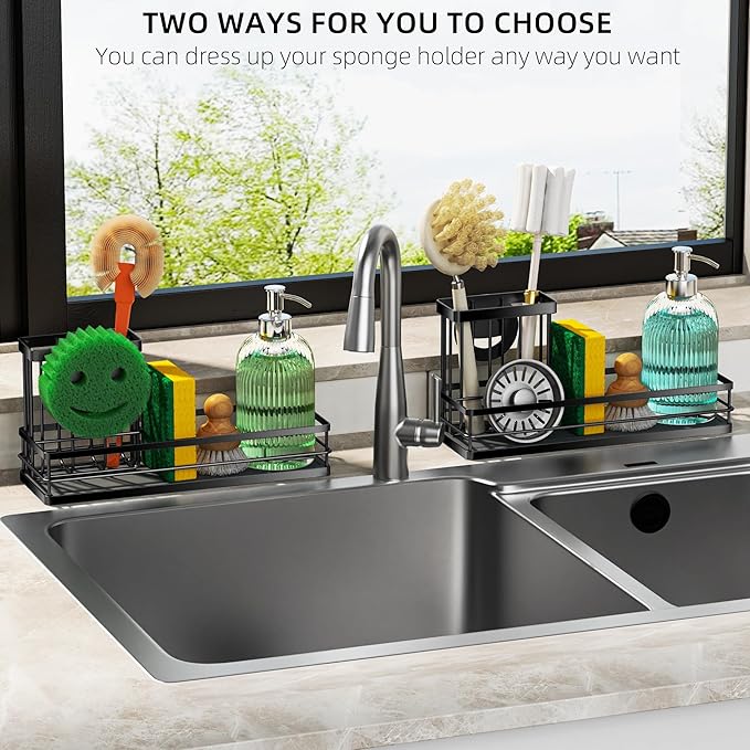Sink Caddy Organizer with Water Absorbing Stone Tray, Instant Dry Sponge Holder Smiley Face, Dish Brush Holder for Countertop, Kitchen Storage Accessories and Organization Essentials (Black)