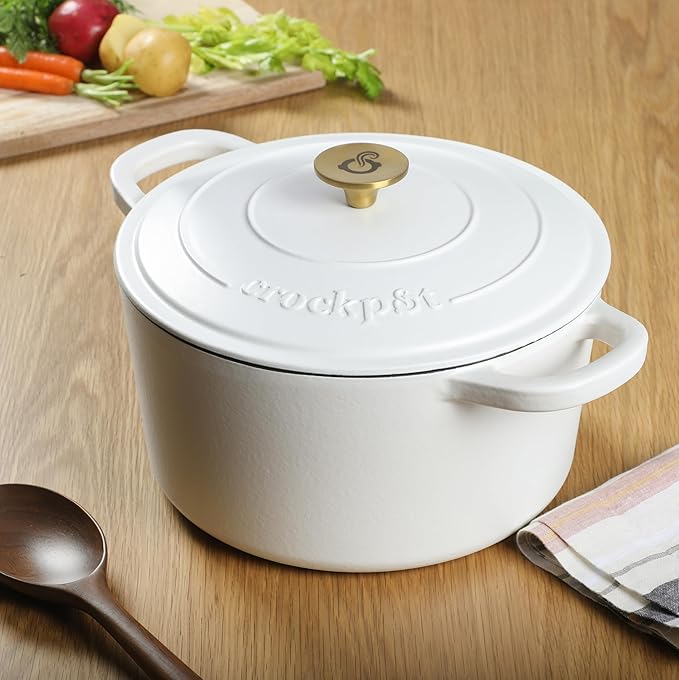 Crock-Pot Artisan 7-Quart Round Dutch Oven – Matte Linen White with Gold Knob, Enameled Cast Iron Cookware
