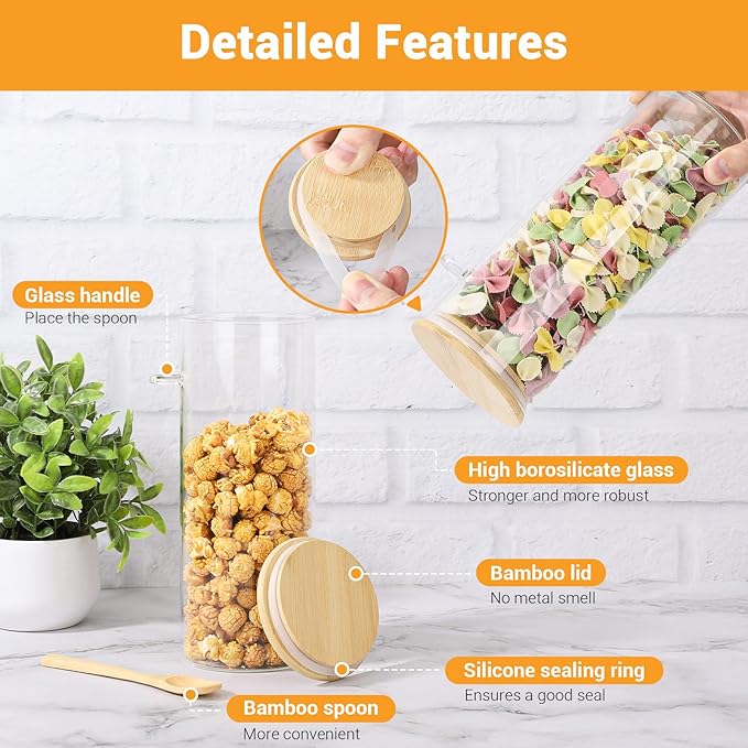 Glass Storage Jars with Lids - 2 Pack 54 Fl.oz Round Glass Pasta Containers with Airtight Bamboo Lids and Spoon, Includes Labels, Marker and Brush, Large Kitchen Jar for Cereal, Rice, Flour