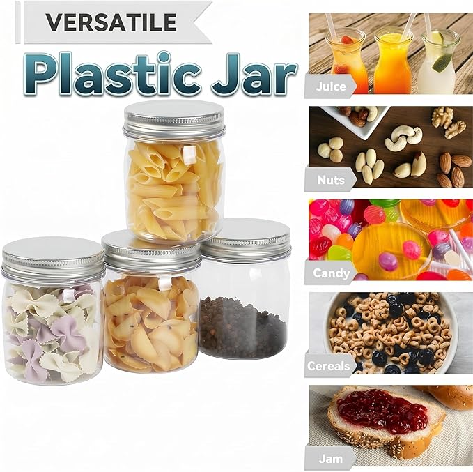 novelinks 8 oz Clear Plastic Jars with Airtight Lids, 48 Pack Plastic Mason Jars with Lids 8oz, Refillable Storage Slime Containers & Small Spice Jar for Kitchen Organization (48 Pack,Silver)