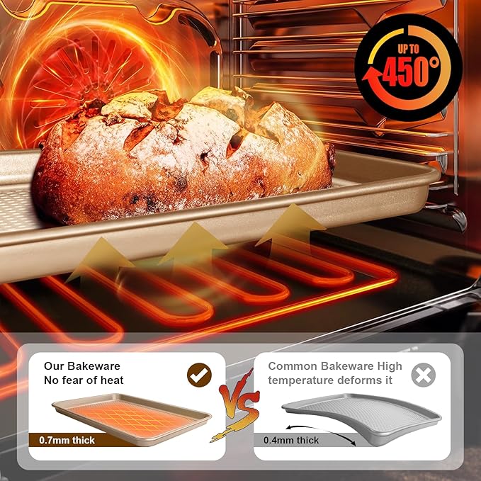 Wildone 2 Pack Half Sheet Baking Pans, Honeycomb Embossed Nonstick Baking Sheet 17.5x12 In, Thicker Carbon Steel Cookie Sheet, Even Heating & Warp Resistant, Champagne Gold