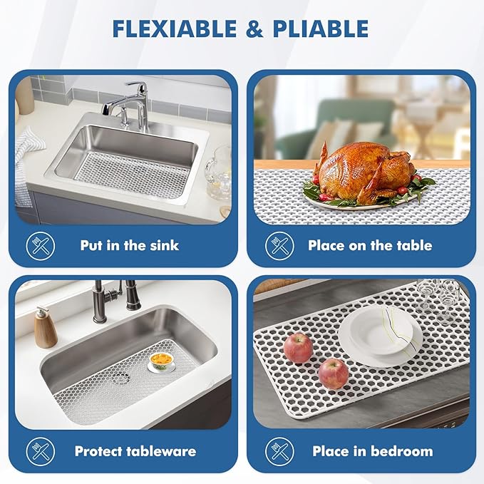 Bestjing Silicone Sink Protectors for Kitchen Sink - 26"x 14" Kitchen Protector Accessory, Non-Slip Heat Resistan Mat for Bottom of Farmhouse Stainless Steel Porcelain, Dishwasher Safe (White)