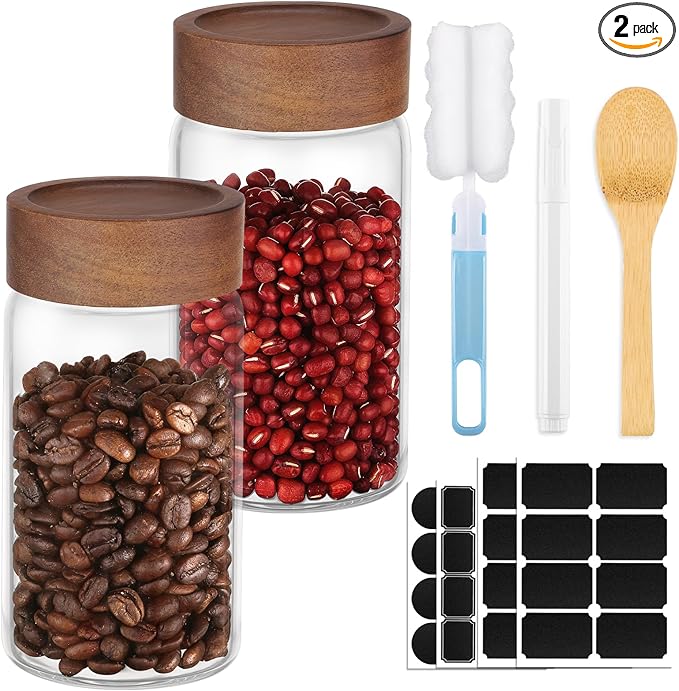 Coffee Jars Set of 2, Empty 9oz 270ml Glass Storage Jars with Airtight Wood Lids, Screw Top Kitchen Glass Container, Sugar Canister for Spice, Snacks, Loose Tea, Candy, Oats, Beans, Seasoning