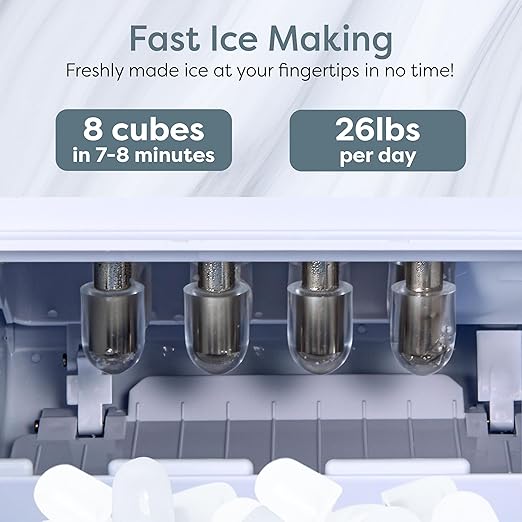 Igloo Portable Ice Maker with Scoop & Basket -Ice Maker with LED Control Panel & 1 Quart Water Tank- Ice Cube Maker Produces 26 Lbs Of Ice In 24 Hours with 8 Large or Small Cubes In 7-8 Minutes- White