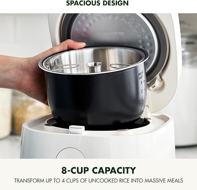 GreenPan Rice Cooker, 8 Cups Cooked (4 Uncooked), Low-Carb & Soup Mode,10 ONE-TOUCH Cooking Presets, PFAS-Free Ceramic Steamer Basket, Fuzzy Logic, Auto Keep Warm, Oats, 24HR Delay Timer, Cream