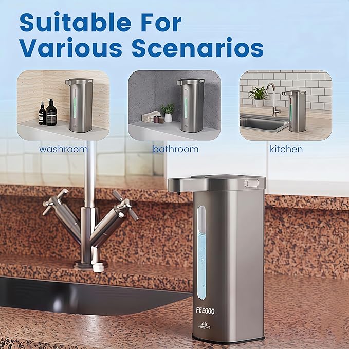 Touchless Automatic Soap Dispenser, 17 oz / 500ml Type-C Rechargeable Countertop Liquid Hand Soap Dispenser for Kitchen and Bathroom, Stainless Steel, Silver