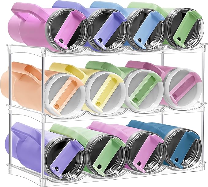 Stackable Water Bottle Organizer for Cabinet - Acrylic Tumbler Organizer Storage Rack for Stanley 40oz, Stanley Cup Holder, Pantry Kitchen Organizers and Storage for Stanley Cup, Holds 12 Bottles