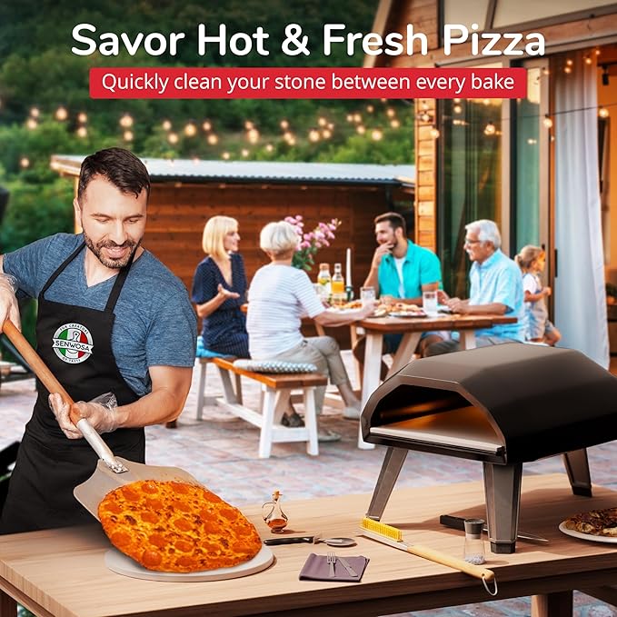 Senwosa 22” Pizza Oven Brush with Stone Scraper - Heat Resistant Stainless Steel Bristles, Long Handle - Compatible with Ooni, Gozney & Similar Ovens