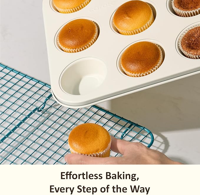 CAROTE 7-Piece Ceramic Baking Pans Set, Aluminized Steel Bakeware Sets, Toxin-Free Nonstick Stackable Oven Pans with Cookie Sheet, Muffin Pan, Loaf Pan, Roasting Pan, Cake Pans, Cooling Rack