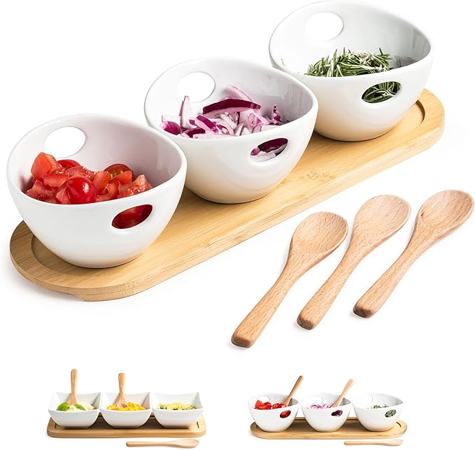 Miamolo Chip and Dip Serving Set, Dipping Sauce Bowls Divided Serving Dishes with Wooden Spoons, Ceramic Dip Bowl Display Serving Tray for Party Dinner Entertaining