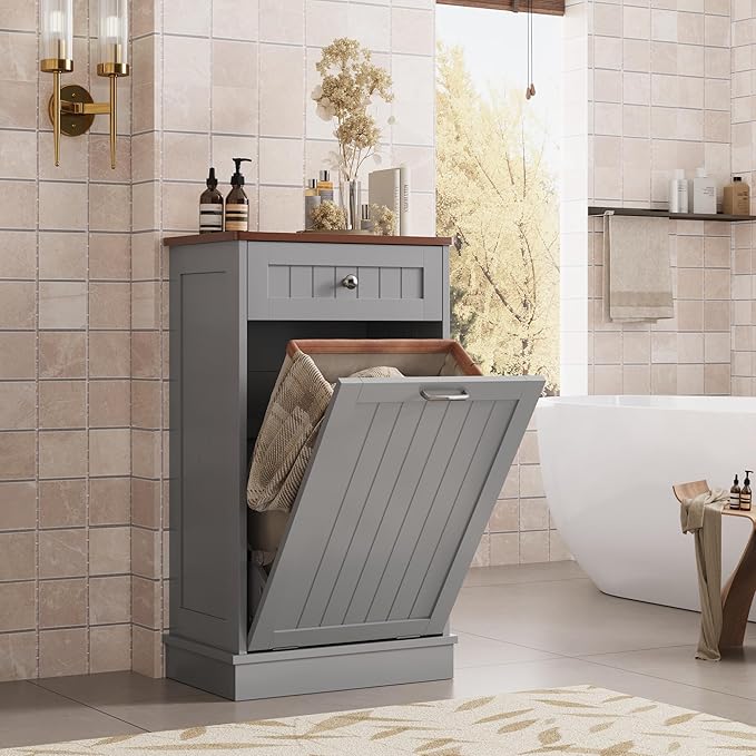 KIGOTY Tilt Out Trash Cabinet,Wooden Kitchen Trash Bin Holder Garbage Bin Recycling Cabinet Laundry Hamper with Solid Wood Countertop and Hideaway Drawer (Gray)