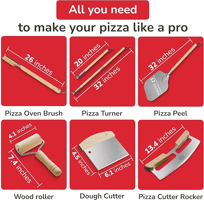 Senwosa Premium Pizza Oven Accessories Kit - 6-Piece Set for Home Pizza Making: Includes Pizza Peel, Oven Brush, Bubble Popper Turner, Rocker Cutter, Dough Roller & Scraper