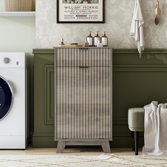 Modern Tilt Out Laundry Hamper Cabinet, 10 Gallon Wooden Trash Can Cabinet with Storage Drawers, Hidden Fluted Garbage Can Holder for Kitchen, Living Room (Wood Grey, 20.47"W x 35.83"H x 13"D)