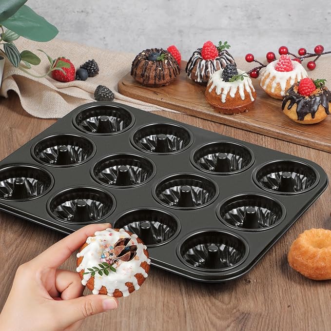 Webake 2 Pack Mini Fluted Tube Cake Pan, Non-Stick 2.8 Inch Cake Pans, Heavy Gauge Carbon Steel 12-Cavity