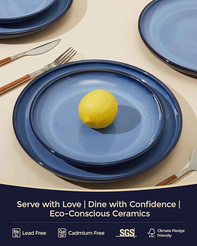 Stoneware Dinnerware Sets, Ceramic Plates and Bowls Set, Microwave & Dishwasher Safe Kitchen Dish Set, Modern Dinner Plates | Salad Plate | Cereal Bowls for 4, Dishware Sets Blue