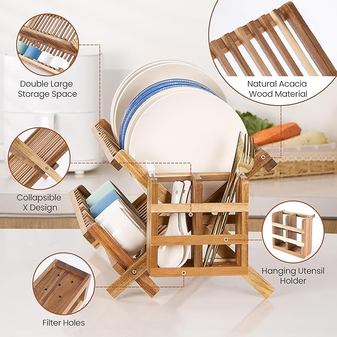 NOVAYEAH Acacia Wooden Dish Drying Rack for Kitchen Counter 2-Tier Collapsible Bmaboo Dish Drying Rack with Utensil Holder-Large Folding Dish Drainer Rack with Flatware Holder 34 pcs Grid