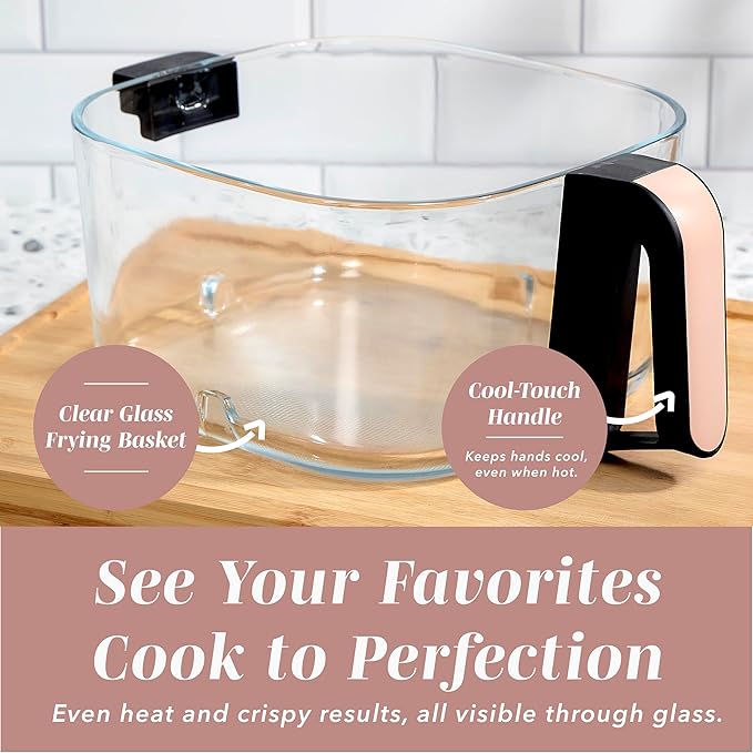 COOK WITH COLOR 1400W 5.5Qt Digital Kitchen Air Fryer with Glass Basket, 8 Presets Healthy Cooking Options, Bake, Fry, Reheat, 60-Min Timer, Adjustable Temperature Control 175°F–400°F, Blush