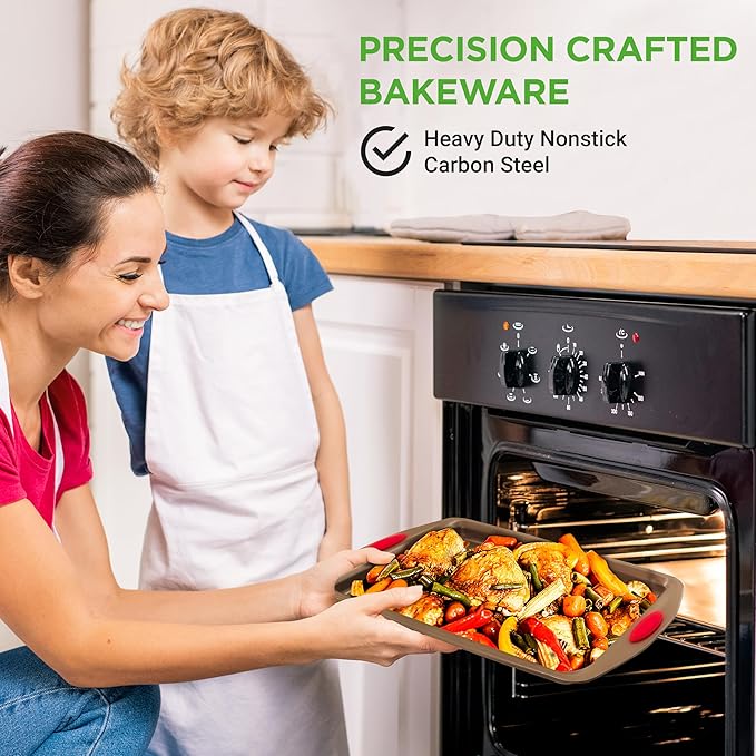 NutriChef 6-Piece Baking Pan Set - PFOA, PFOS, PTFE Free Flexible Nonstick Golden Coating Carbon Steel Bakeware - Professional Home Kitchen Bake Cookie Sheet Stackable Tray w/Red Silicone Handles