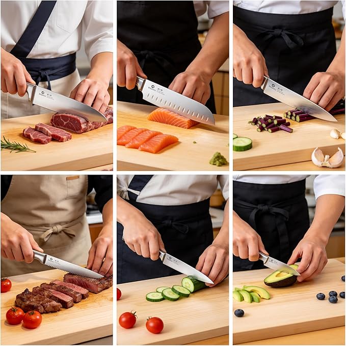 imarku 15-Piece Knife Block Set Built-in Sharpener, Japanese High Carbon Stainless Steel Kitchen Knife Set, Dishwasher Safe, Chef Knife Set with Wooden Knife Block, Steak Knives for Kitchen Cooking