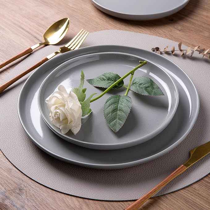 AmorArc Ceramic Dinnerware Sets for 4, 12 Pieces Handpainted Plates and Bowls Set with Rustic Terracotta Underside, Scratch Resistant Stoneware Dishes Set, Dishwasher & Microwave Safe, Gray