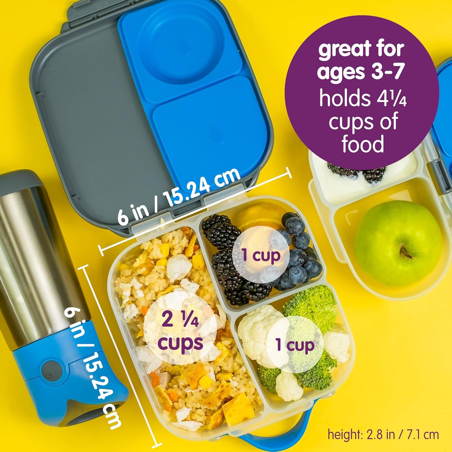 b.box Mini Lunch Box for Kids: Lunch Snack Container with 2 Leak Proof Compartments. Ages 3+ School Supplies, BPA Free (Emerald Forest, 4¼ cup capacity)