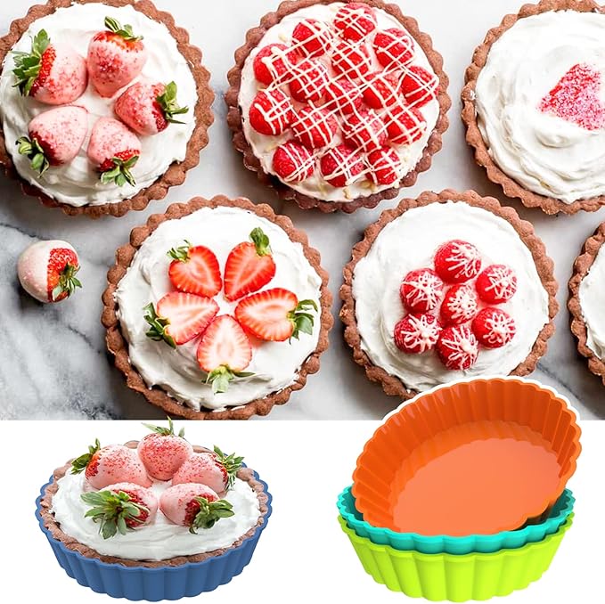 Webake 8 Pack Silicone Tart and Pie Molds, 5 Inches Silicone Round Mold Individual Small Fluted Cake Pans Mini Quiche Tart Pans for Baking