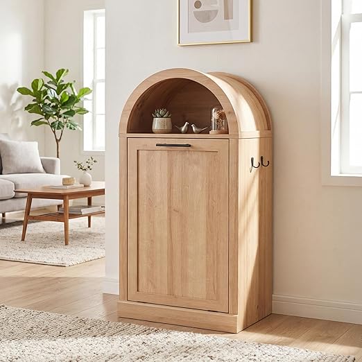 Seang Arched Tilt-Out Trash Can Cabinet,Laundry Hamper Cabinet with Foldable Laundry Basket,Wooden Hidden Garbage Can Cabinets with Metal Handle & Hooks,Natural
