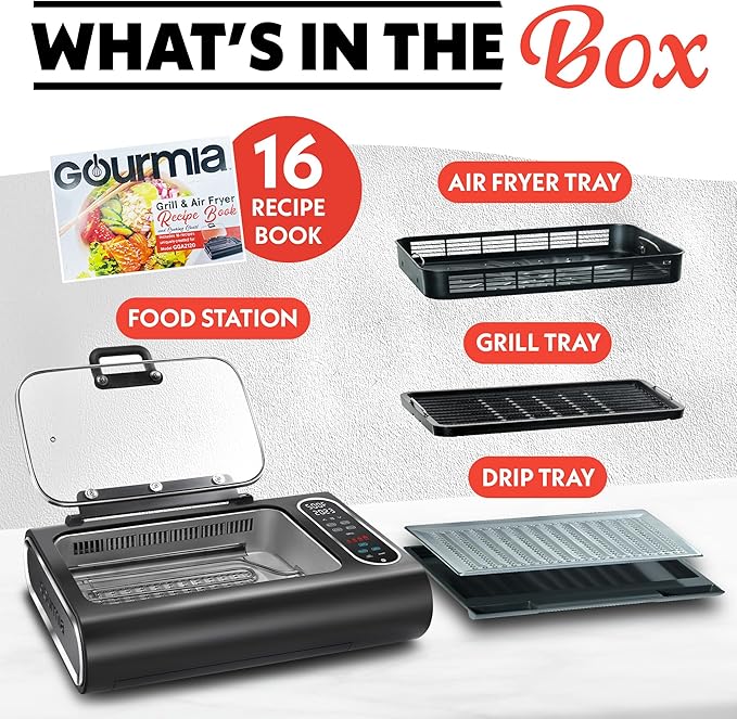 Gourmia Smokeless Indoor Grill - Air Fryer Combo with Smoke Extractor, 5 Cooking Presets, Grill, Air Fry, Roast, Bake, Dehydrate, Countertop Cooker, Glass Lid