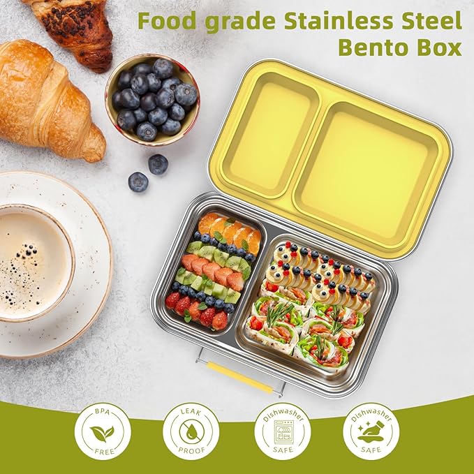 Stainless Steel Bento Box for Adults, 22.6 oz Compact 2-Compartment Metal Lunch Box with 2 Containers, BPA-Free Portion Control Food Container for Work and Travel, Dishwasher Safe(Yellow)