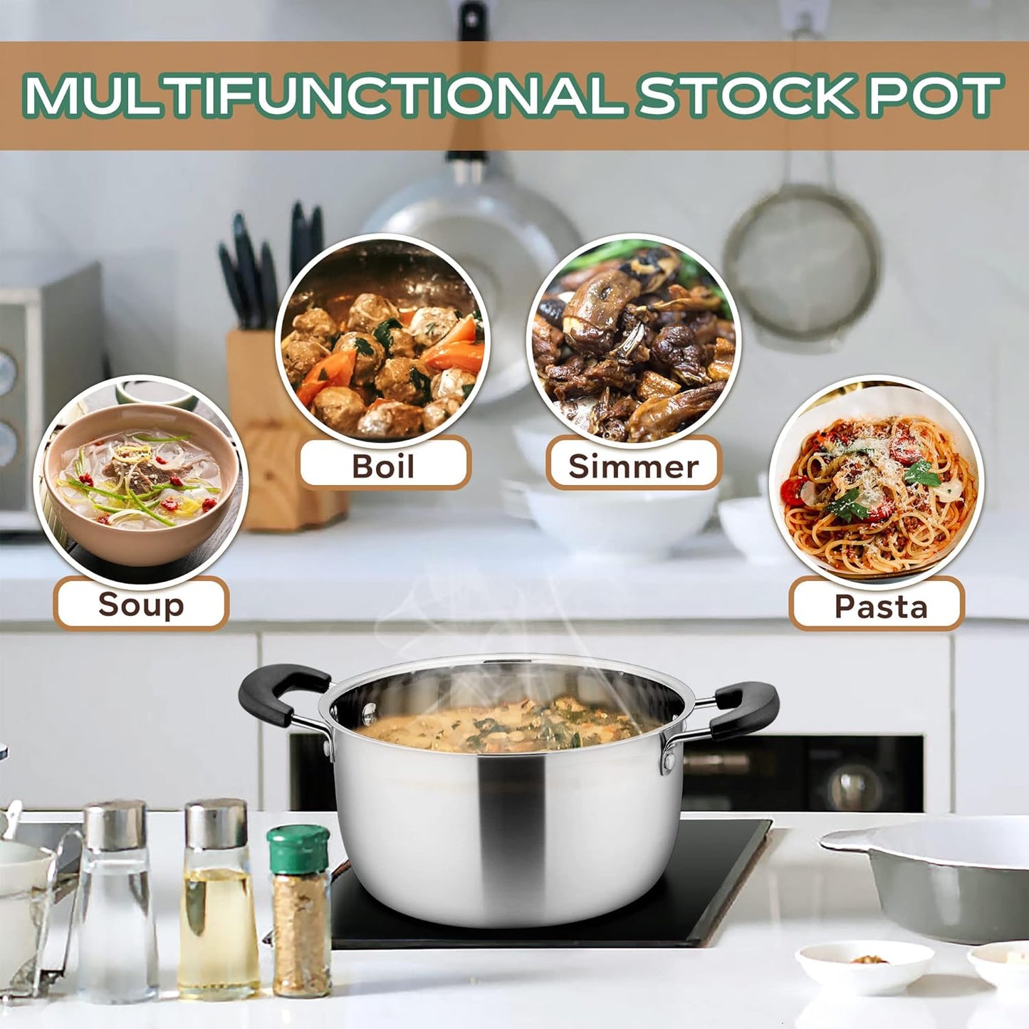LIANYU 3QT Stainless Steel Stock Pot, Cooking Soup Pot with Lid, Heavy Duty Pasta Stockpot for Strew Simmer Boiling, Heat-proof Handle, Dishwasher Safe
