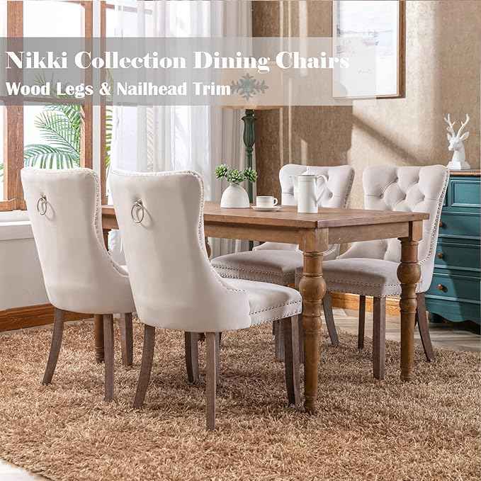 Beige Velvet Dining Chairs Set of 2, Upholstered Dining Room Chairs with Back Ring Pull Trim and Solid Wood Legs, Tufted Wingback Kitchen Chairs for Dining Room,Living Room,Kitchen(Beige)