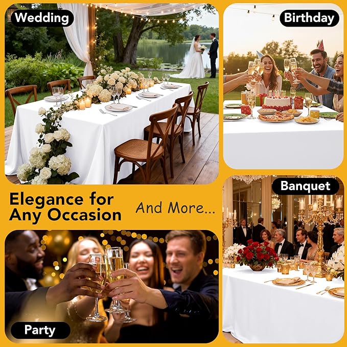 6-Pack White Tablecloths for Rectangle Tables, 90 x 132 Inches, Stain-Resistant Polyester Fabric for 8 Foot Tables - Washable Table Covers for Weddings, Banquets, Birthday Parties, Events